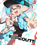  1boy :d absurdres artist_name black_shorts blue_hair blue_shirt bright_pupils commentary_request fangs flingza_roller_(splatoon) gradient_hair hawaiian_shirt highres holding holding_weapon inkling inkling_boy multicolored_hair open_mouth paint pointy_ears print_headwear red_eyes red_hair sandals shigeng0mi shirt short_hair shorts smile solo splatoon_(series) splatoon_3 teeth tentacle_hair two-tone_hair upper_teeth_only v v-shaped_eyebrows visor_cap weapon white_background white_footwear white_pupils 