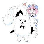  1girl animalization black_bow black_bowtie blue_kimono bow bowtie dog hat hitodama japanese_clothes katana kimono konpaku_youmu konpaku_youmu_(ghost) mob_cap pink_eyes pink_hair re_ghotion saigyouji_yuyuko simple_background sword thought_bubble touhou triangular_headpiece weapon white_background white_dog 