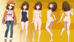  1girl arm_at_side ass autumn_leaves bakemonogatari bare_arms bare_legs bare_shoulders barefoot blue_one-piece_swimsuit blue_pants breasts brown_eyes brown_footwear brown_hair cabbie_hat closed_mouth commentary_request completely_nude denim feet hand_up hat highres jacket jacket_on_shoulders jeans light_blush long_sleeves looking_at_viewer looking_back monogatari_(series) multiple_views navel no_nipples no_pussy nude old_school_swimsuit one-piece_swimsuit open_clothes open_jacket open_mouth orange_headwear orange_jacket paid_reward_available pants pasya-pasya pink_shirt school_swimsuit sengoku_nadeko shirt short_hair small_breasts smile soles standing standing_on_one_leg stomach swimsuit toes turnaround turning_head 