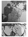  2boys against_wall aikawa_(dorohedoro) bara blush colored_tips couple dorohedoro eye_contact face-to-face faceless faceless_male facial_mark greyscale half-closed_eyes imminent_kiss looking_at_another male_focus medium_sideburns monochrome multicolored_hair multiple_boys muscular muscular_male no_eyebrows nose_blush risu_(dorohedoro) sasaki_(ssk_p3) side-by-side sitting sunlight thick_eyebrows tree_shade yaoi 