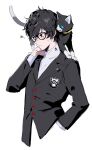  1boy amamiya_ren animal_on_shoulder black_cat black_eyes black_hair black_jacket cat cat_on_shoulder closed_mouth cropped_torso glasses hair_between_eyes jacket long_sleeves male_focus morgana_(persona_5) mty_mmm persona persona_5 school_uniform shuujin_academy_school_uniform simple_background spoken_squiggle squiggle sweat upper_body white_background 