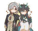  2boys ;( ;) aqua_eyes aqua_horns arm_at_side black_coat black_hair blush button_gap cleavage_cutout closed_mouth clothing_cutout coat collared_coat commentary_request crossed_arms dan_heng_(honkai:_star_rail) dan_heng_(imbibitor_lunae)_(honkai:_star_rail) dot_nose earrings eyeliner fingerless_gloves gloves grey_hair hand_on_another&#039;s_shoulder hara_(nanohara) heart highres honkai:_star_rail honkai_(series) horns jewelry long_hair looking_at_viewer makeup male_focus multiple_boys one_eye_closed pointy_ears red_eyeliner red_eyes simple_background smile split_mouth upper_body very_long_hair white_background yingxing_(honkai:_star_rail) 