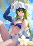  1girl absurdres aoi_tooru arknights bikini bikini_under_clothes blue_bikini blue_sky breasts can closed_mouth day earrings flower gavial_(arknights) gavial_the_invincible_(arknights) gavial_the_invincible_(holiday)_(arknights) green_hair hat highres holding holding_can jacket jewelry knee_up long_hair long_sleeves looking_at_viewer medium_breasts navel off_shoulder open_clothes open_fly open_shirt open_shorts orange_eyes oripathy_lesion_(arknights) outdoors pointy_ears short_shorts shorts single_bare_shoulder sitting sky smile solo stomach swimsuit tattoo underboob very_long_hair white_flower white_headwear white_jacket white_shorts 