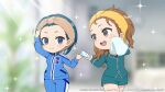  2girls :d aizawa_kazuha arm_up assault_lily bangs_pinned_back blue_eyes blue_hair blue_jacket blue_pants blurry blurry_background blush brown_hair buttons character_name chibi clothes_writing commentary_request cowboy_shot day forehead giving green_pajamas green_shorts grey_eyes hand_on_own_head hand_up hands_up holding holding_towel iijima_renka indoors jacket jewelry long_hair long_sleeves looking_at_another looking_to_the_side low_ponytail medium_hair motion_lines multiple_girls official_art open_clothes open_jacket open_mouth pajamas pants ring shorts side_ponytail smile sparkle standing teeth towel towel_on_head track_pants upper_teeth_only water_drop watermark wiping_face 