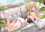  1girl ass bare_legs barefoot blonde_hair breast_press breasts couch dorsiflexion feet feet_up flower genshin_impact hair_between_eyes hair_flower hair_ornament highres legs looking_at_viewer lumine_(genshin_impact) lying on_stomach open_mouth sideboob soles toes underwear utsuhostoria yellow_eyes 