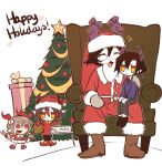  1girl 3boys bag beard black_hair blue_cardigan blush_stickers brown_footwear brown_hair cardigan chibi child christmas christmas_tree closed_eyes colored_skin demon_boy demon_girl demon_horns expressionless facial_hair fake_beard fake_facial_hair funamusea gift gloves grey_gloves haiiro_teien happy_holidays hat heart highres holding holding_bag horns ivlis_(haiiro_teien) licorice_(funamusea) low_twintails mob_face multicolored_hair multiple_boys open_mouth outline poemi_(haiiro_teien) pointy_ears purple_horns red_eyes red_footwear red_gloves red_hair red_horns red_shirt santa_costume santa_hat satanick_(funamusea) shirt short_hair short_twintails sitting sitting_on_lap sitting_on_person star_(symbol) sweat sweatdrop twintails two-tone_hair white_beard white_outline white_skin yellow_eyes yumeijenny 