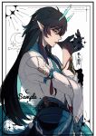  1boy aqua_horns aqua_tail biting black_border black_gloves black_hair border chihuahuas_kill chinese_commentary chinese_text coat collared_coat commentary_request commission crescent dan_heng_(honkai:_star_rail) dan_heng_(imbibitor_lunae)_(honkai:_star_rail) english_commentary english_text from_side glove_biting gloves hair_ornament hand_up highres honkai:_star_rail honkai_(series) horn_ornament horns long_hair long_sleeves looking_at_viewer male_focus mixed-language_commentary parted_lips pointy_ears profile sample_watermark simple_background solo sparkle very_long_hair waist_sash watermark white_background white_coat 