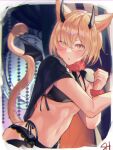  1boy animal_ears bat_wings black_bra blonde_hair blush border bra cat_boy cat_ears cat_tail crossdressing demon_horns feminization final_fantasy final_fantasy_xiv highres horns lace-trimmed_panties lace_trim lingerie looking_at_viewer male_focus miqo&#039;te navel otoko_no_ko panties parted_lips revealing_clothes shiroesa short_hair slit_pupils solo standing sweat tail underwear upper_body white_border wings yellow_eyes 