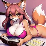 ai_generated anthro big_breasts book breasts brown_eyes canid canine female fluffy fluffy_tail fox hair holly&#039;s_hall humanoid mammal red_hair tail