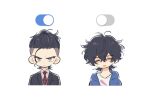  1boy black_hair blue_eyes buddy_daddies hair_between_eyes hair_pulled_back jacket koyomi_(drpaslp) loose_hair_strand male_focus messy_hair necktie suit suwa_rei white_background 