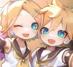  1boy 1girl black_background black_sailor_collar black_sleeves blonde_hair blue_eyes blush detached_sleeves gradient_background hair_between_eyes hair_ornament hairclip headphones kagamine_len kagamine_rin looking_at_viewer messy_hair neckerchief necktie one_eye_closed open_mouth sailor_collar selfie shirt short_hair siblings smile urin_(coconuts3252) vocaloid white_shirt yellow_background yellow_neckerchief yellow_necktie 