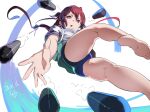  1girl ahoge ass dated gegeron hair_ornament hair_ribbon highres i-168_(kancolle) kantai_collection long_hair looking_at_viewer one-piece_swimsuit open_mouth ponytail red_eyes red_hair ribbon school_swimsuit school_uniform serafuku short_hair signature solo swimsuit swimsuit_under_clothes torpedo underwater white_background 