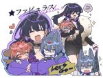  1girl 2boys akagi_wen animal_ears black_choker black_hair black_skirt blue_hair breasts choker cleavage closed_eyes creepyday dog_boy dog_ears dog_tail fur_scarf grey_eyes heart koyanagi_rou large_breasts lipstick_mark lipstick_mark_on_face long_hair meloco_kyoran multicolored_hair multiple_boys multiple_views nijisanji nijisanji_en pencil_skirt pink_hair purple_hair skirt smile streaked_hair sunglasses tail virtual_youtuber 