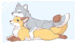 2022 ambiguous_gender blep blue_eyes brown_body brown_fur canid canine canis countershading digital_media_(artwork) dipstick_ears dipstick_tail duo feral fluffy fluffy_tail fox fur gloves_(marking) grey_body grey_fur leg_markings lis_(tsukune_minaga) lying mammal markings multicolored_ears on_front on_top orange_body orange_fur pink_tongue quadruped rufu_(tsukune_minaga) socks_(marking) tail tail_markings tongue tongue_out tsukune_minaga white_body white_fur wolf