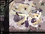  apron black_hair blonde_hair braid broom broom_riding brown_hair buttons hair_ribbon hat hat_ribbon highres kinoko kirisame_marisa long_hair mary_janes non-web_source one_eye_closed open_mouth ribbon shoes side_braid smile solo star touhou witch_hat zoom_layer 