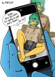 anas anatid andromorph anseriform anthro artist_name avian beak bird blue_body clothing dabbling_duck duck feathers green_body hi_res intersex looking_at_viewer male mallard nipples phone_screen photo photo_manipulation speech_bubble underwear