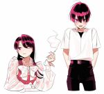  1boy abbystea belt bow bowtie cigarette collared_shirt crossdressing dress dual_persona english_commentary floral_print holding holding_cigarette purple_eyes purple_hair secret_alliance shirt smoking white_shirt yul_chae_(secret_alliance) 