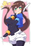 1girl absurdres aile_(mega_man_zx) black_bodysuit blue_jacket blush bodysuit breasts brown_hair buzzlyears cropped_jacket green_eyes highres jacket large_breasts long_hair looking_at_viewer mega_man_(series) mega_man_zx mega_man_zx_advent open_clothes open_jacket ponytail robot_ears shorts simple_background solo white_shorts 