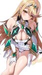  1girl ass_visible_through_thighs bare_shoulders blonde_hair breasts chest_jewel cleavage cleavage_cutout clothing_cutout cowboy_shot dress drop_earrings earrings gem gloves headpiece highres jewelry large_breasts long_hair looking_at_viewer matrix16 microdress mythra_(xenoblade) panties solo swept_bangs thigh_gap thighs tiara underwear very_long_hair xenoblade_chronicles_(series) xenoblade_chronicles_2 yellow_eyes 