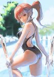  aro_(charged_time_out) ass back bad_id bad_pixiv_id bangs black_swimsuit blurry cloud competition_swimsuit day depth_of_field from_side goggles goggles_around_neck light_reflection_(water) long_hair looking_at_viewer looking_back naughty_face one-piece_swimsuit original outdoors parted_lips ponytail pool pool_ladder red_hair sky smile solo starting_block swimsuit tree wading water yellow_eyes 