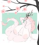 absurd_res anthro antlers areola bedroom_eyes big_breasts black_sclera blossom_(dullvivid) breasts cheek_tuft cherry_blossom cherry_blossom_tree cherry_tree chest_tuft chubby_anthro chubby_female dragon dullvivid eastern_dragon facial_tuft fangs female forked_tongue fruit_tree fur hair half-closed_eyes hi_res horn huge_breasts inviting long_hair narrowed_eyes neck_tuft nipples nude open_mouth open_smile pink_areola pink_hair pink_nipples plant sagging_breasts seductive slightly_chubby smile solo tail tail_tuft teeth tongue tongue_out tree tuft whiskers white_body white_fur