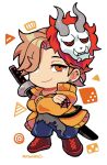  1boy arisakaaa_(crazy_raccoon) blue_pants brown_footwear brown_hair chibi closed_mouth coat crazy_raccoon earrings full_body grey_shirt hair_over_one_eye jewelry kotorai mask mask_on_head multiple_earrings oni_mask orange_coat pants shirt short_hair signature simple_background smile solo standing sword sword_on_back weapon weapon_on_back white_background 
