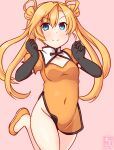  1girl abukuma_(kancolle) black_gloves blonde_hair blue_eyes blush breasts china_dress chinese_clothes covered_navel double_bun dress elbow_gloves gloves hair_bun hair_rings kanon_(kurogane_knights) kantai_collection long_hair no_panties one-hour_drawing_challenge orange_dress short_dress short_sleeves small_breasts smile solo standing standing_on_one_leg twintails 