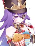  1girl :o bare_shoulders black_headwear chevreuse_(genshin_impact) commentary detached_sleeves earmuffs_around_neck eyepatch food french_fries genshin_impact gloves hat highres holding holding_food kino_(curry_pan) mole mole_under_mouth multicolored_hair onion_rings open_mouth purple_eyes purple_hair shako_cap simple_background solo streaked_hair upper_body white_background white_gloves white_hair 