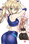  artoria_caster_(fate) artoria_pendragon_(fate) ass blonde_hair cnoc_na_riabh_(fate) cnoc_na_riabh_(swimsuit_foreigner)_(fate) ebora fate/grand_order fate_(series) green_eyes gym_shirt gym_uniform highres long_hair looking_at_viewer medb_(fate) pink_hair ponytail shirt yellow_eyes 