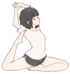  1girl 1ssakawaguchi arms_up barefoot black_hair black_shorts bob_cut closed_eyes closed_mouth highres ichika_(1ssakawaguchi) leg_up original pigeon_pose shirt short_hair short_shorts short_sleeves shorts simple_background solo toes white_background white_shirt yoga 