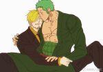  2boys blonde_hair blush couple curly_eyebrows facial_hair feet_out_of_frame goatee green_hair hair_over_one_eye happy kiss male_focus medium_sideburns multiple_boys one_piece pectoral_cleavage pectorals roronoa_zoro sanji_(one_piece) scar scar_across_eye short_hair sideburns_stubble sitting sitting_on_lap sitting_on_person spread_legs sweetdou3 yaoi 