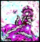  acryl bug butterfly dress faux_traditional_media frame hat insect long_sleeves pink_dress pink_eyes pink_hair saigyouji_yuyuko sash smile solo touhou 