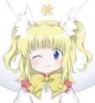  1girl ;) blonde_hair blue_eyes bow bowtie closed_mouth fairy fairy_wings medium_hair nonamejd one_eye_closed simple_background smile solo sunny_milk touhou two_side_up upper_body white_background white_wings wings yellow_bow yellow_bowtie 
