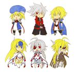  4girls ahoge blazblue blonde_hair bodysuit braid brothers cape chibi dual_persona eyepatch haruno_(toddy) heterochromia jin_kisaragi lambda-11 mecha_musume mu-12 multiple_boys multiple_girls noel_vermillion nu-13 ragna_the_bloodedge red_eyes siblings silver_hair visor 