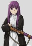  black_jacket bolt_action dress fern_(sousou_no_frieren) gun gun_sling highres jacket mardjan mosin-nagant purple_eyes purple_hair rifle sousou_no_frieren weapon white_dress 