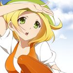  bad_id bad_pixiv_id bel_(pokemon) blonde_hair cloud face green_eyes hirococo lowres open_mouth orange_legwear pantyhose pokemon pokemon_(game) pokemon_bw shading_eyes skirt sky solo 