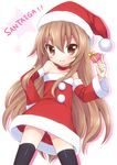  aisaka_taiga bare_shoulders brown_eyes brown_hair character_name christmas detached_sleeves gift halftone halftone_background hat heart holding holding_gift long_hair portmanteau santa_costume santa_hat solo thighhighs toradora! usashiro_mani very_long_hair 