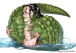  1boy black_hair crocodile_(one_piece) crocodile_boy crocodilian_tail e_mouth69 from_behind green_scales hair_slicked_back looking_at_viewer looking_back male_focus mature_male monster_boy monsterification nude one_piece partially_submerged pointy_ears scar scar_on_face short_hair solo stitches tail upper_body wet wet_hair 