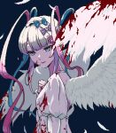  1girl angel_wings blood blood_in_hair blood_on_clothes blood_on_face bloody_wings blue_eyes blue_hair bow chouzetsusaikawa_tenshi-chan dress eencya expressionless feathered_wings feathers gradient_hair hair_bow long_hair multicolored_hair multiple_hair_bows needy_girl_overdose official_art pink_hair pixel_art quad_tails second-party_source sidelocks simple_background solo upper_body very_long_hair white_dress white_hair wings 