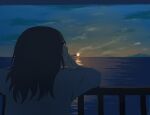  1boy absurdres against_railing avogado6 cigarette cloud commentary from_behind grey_hair highres holding holding_cigarette light_reflection_(water) long_hair long_sleeves looking_to_the_side ocean original railing shirt smoking solo sunrise white_shirt 