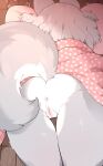  1girl animal_ears anus ass bottomless furry furry_female grey_hair highres ichi_(nuksun12) lying on_stomach original pajamas pillow pink_pajamas pink_shirt polka_dot polka_dot_pajamas polka_dot_shirt pussy shirt short_hair sleeping solo tail thigh_gap thighs top-down_bottom-up uncensored wolf_ears wolf_girl wolf_tail 