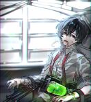  1boy black_eyes black_hair blood chair collared_shirt drooling feruca indoors limbus_company long_sleeves male_focus necktie project_moon red_necktie restrained shirt sitting solo syringe undone_necktie white_shirt yi_sang_(project_moon) 