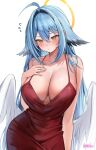  1girl absurdres ahoge artist_name bare_shoulders blue_hair blush breasts cleavage collarbone dress english_commentary feathered_wings flying_sweatdrops hair_between_eyes hair_intakes halo hand_on_own_chest highres huge_breasts looking_down low_wings original red_dress simple_background sleeveless sleeveless_dress solo sweat twitter_username white_background white_wings wings yellow_eyes yellow_halo yuniiho 