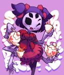  1girl arthropod_girl black_eyes bow colored_skin commentary cup dress english_commentary english_text extra_arms extra_eyes fangs feet_out_of_frame hair_bow heart heart_print highres holding holding_teapot light_blush limb92 looking_at_viewer monster_girl muffet one_eye_closed open_mouth pink_background pouring puffy_dress puffy_short_sleeves puffy_sleeves purple_hair purple_skin red_bow red_dress short_hair short_sleeves short_twintails simple_background smile solid_eyes solo spider_girl tea teacup teapot text_background twintails undertale 