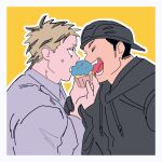  2boys ^_^ aikawa_(dorohedoro) bara closed_eyes colored_tips couple dorohedoro eating facial_mark flat_color food from_side greyscale half-closed_eyes male_focus medium_sideburns monochrome muffin multicolored_hair multiple_boys no_eyebrows risu_(dorohedoro) sasaki_(ssk_p3) sharing_food sketch staring sweatdrop thick_eyebrows upper_body yaoi 