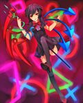  asymmetrical_wings bad_id bad_pixiv_id black_hair black_legwear bow bowtie danmaku highres houjuu_nue long_hair neon_(co2co8) polearm red_eyes snake solo thighhighs touhou trident weapon wings zettai_ryouiki 