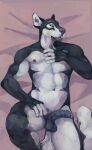 absurd_res alaskan_malamute anthro bed bedroom_eyes belly belly_markings blue_eyes canid canine canis casual_erection casual_nudity chest_markings domestic_dog erection furniture genitals gloves_(marking) hairless_balls hand_on_chest hand_on_leg hand_on_thigh hi_res humanoid_genitalia humanoid_penis infinite infinity_symbol leg_markings male mammal markings narrowed_eyes navel neck_markings nemera nipples nordic_sled_dog nude open_mouth penis seductive shaved_fur short_fur smooth_balls solo spitz symbol tail teeth_showing thigh_markings thighs_up tongue wolf wolfywetfurr young_adult