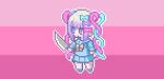  1girl blue_eyes blue_hair bow chibi chouzetsusaikawa_tenshi-chan eencya full_body hair_bow holding holding_knife knife long_hair long_sleeves multicolored_hair needy_girl_overdose official_art outline pink_background pink_hair pixel_art quad_tails second-party_source solo standing white_outline 
