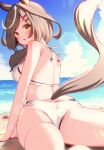  1girl absurdres animal_ears ass beach bikini blush breasts crab foreshortening hair_ornament hairclip highres horse_ears horse_girl horse_tail lens_flare looking_at_viewer looking_back lying matikane_tannhauser_(umamusume) medium_breasts ocean open_mouth outdoors ponta_(1859ysmssstsp) sky solo swimsuit tail umamusume yellow_eyes 