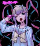  blue_eyes blue_hair bow chouzetsusaikawa_tenshi-chan drill_hair eencya gun gun_to_head hair_bow holographic_clothing large_bow long_hair long_sleeves looking_at_viewer multicolored_hair needy_girl_overdose official_art pin pink_hair pixel_art quad_tails second-party_source solo sonatine tongue tongue_out twin_drills upper_body uvula weapon white_hair yellow_bow 